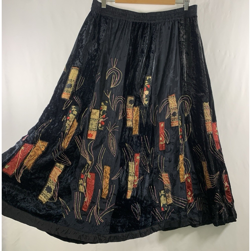 Whimsigoth Velvet Patchwork Midi Skirt Size L Petite Witchy Boho Embroidered